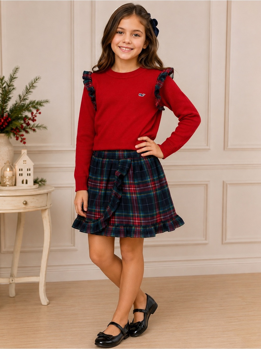 Vineyard Vines Girls Red Sweater & Plaid Ruffle Skirt Outfit Size 8-12 SET